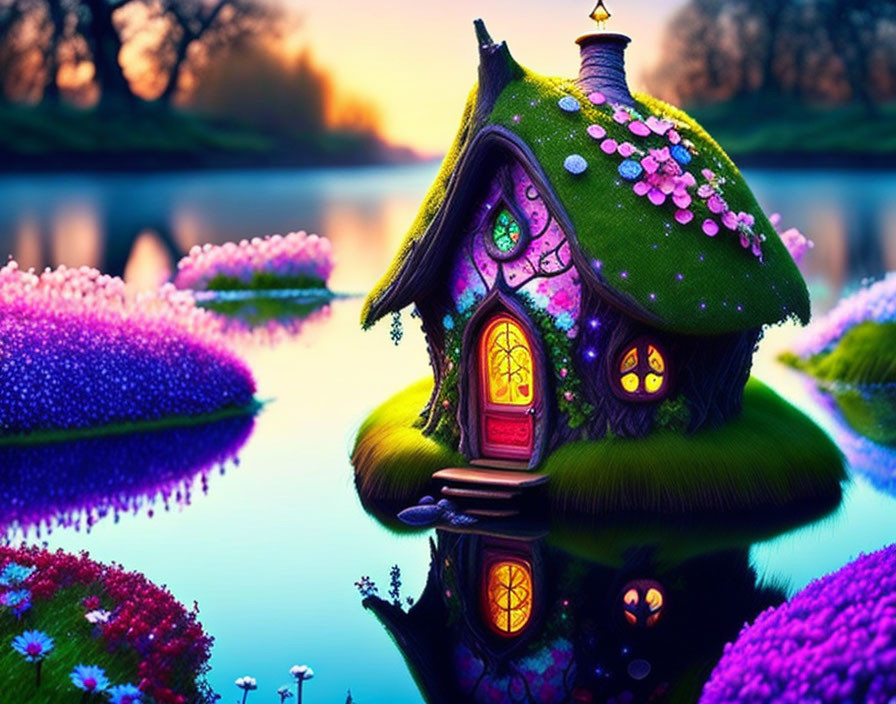 Whimsical house with moss-covered roof on flower-filled island at dusk