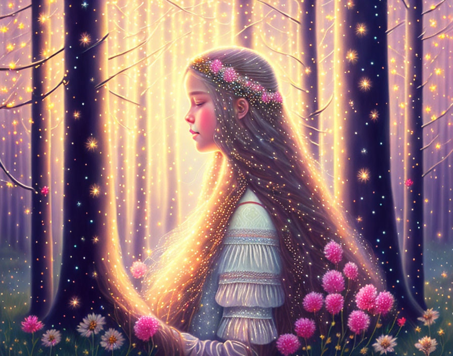 Girl with Flowing Hair in Mystical Forest with Flowers