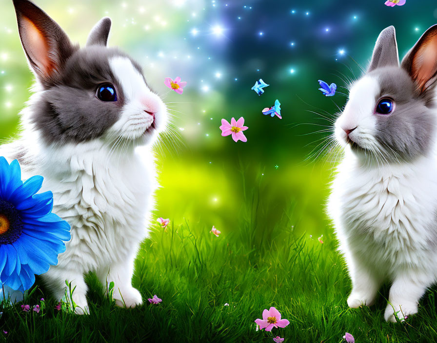 Fluffy rabbits, butterflies, flower in vibrant meadow under starry sky