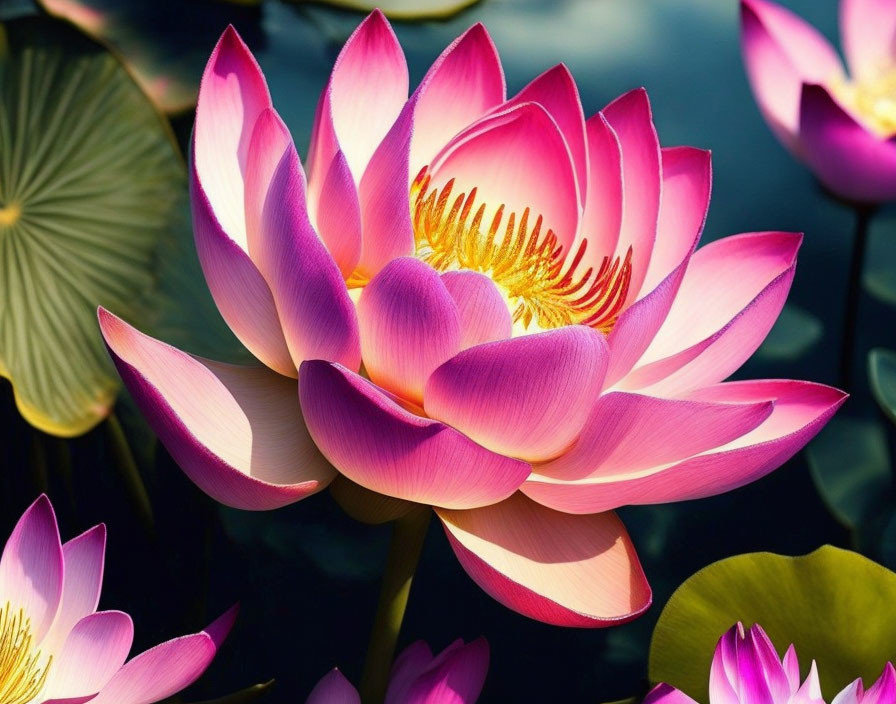 Vibrant pink lotus flower in full bloom against dark water