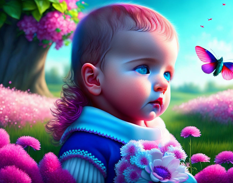 Colorful Digital Artwork: Baby with Blue Eyes, Pink Flowers, and Butterfly in Lush Green