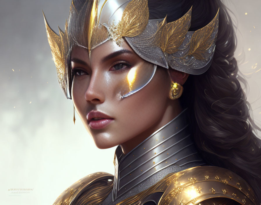 Detailed portrait of woman in ornate silver and golden armor with leaf motifs and winged helmet, displaying