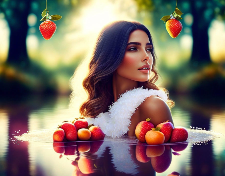 Woman in tranquil water scene with floating fruits and reflected strawberries.