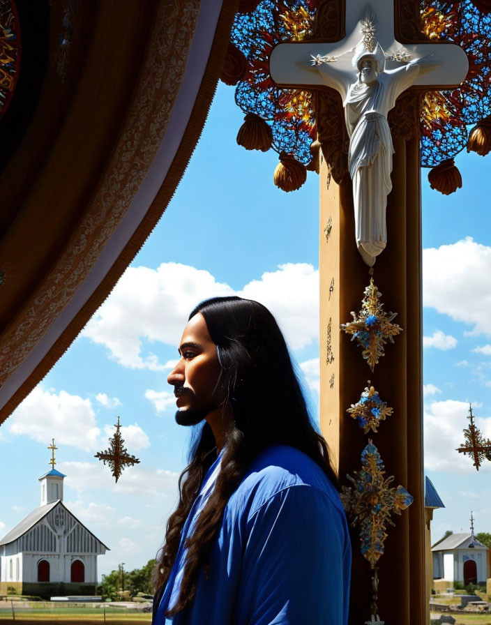 Man in blue shirt under white Jesus figure on crucifix with church in background