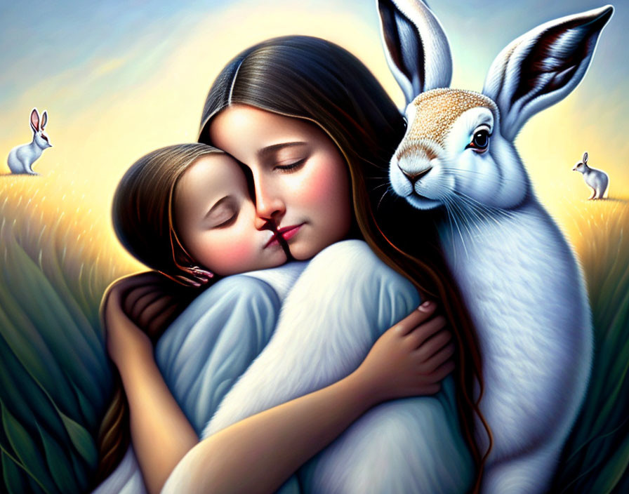 Illustration of woman, child, and gentle rabbit in serene field