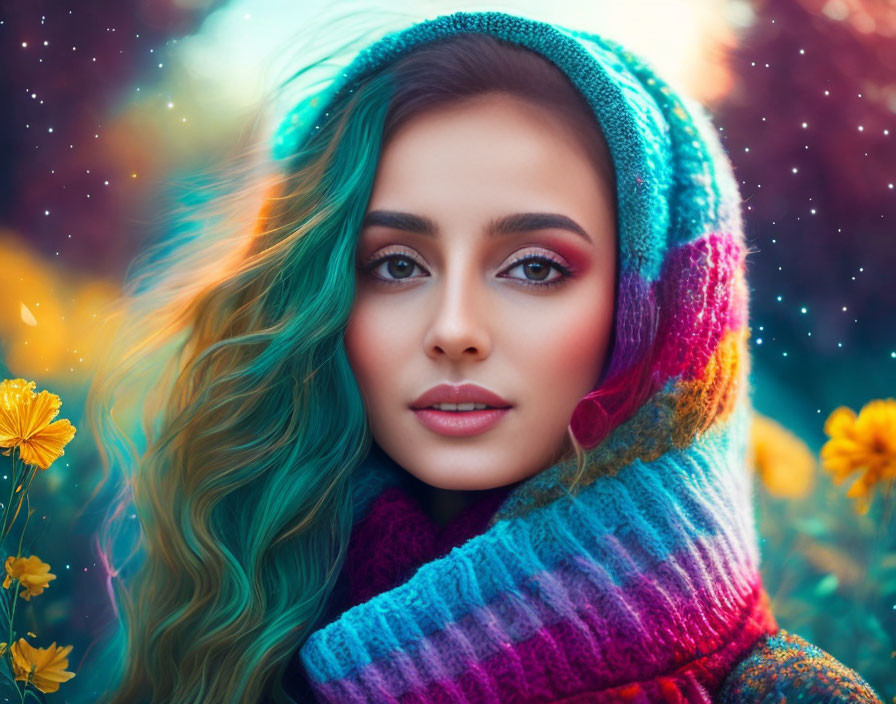 Teal-Dyed Hair Woman in Colorful Scarf with Floral Bokeh Background