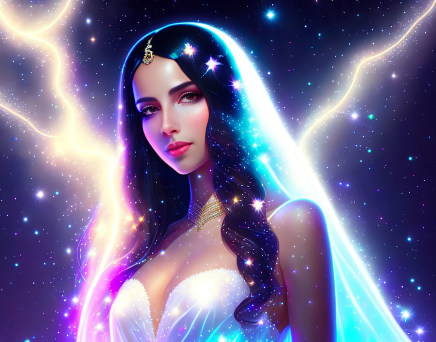 Digital artwork of woman with long dark hair in golden headpiece against cosmic background