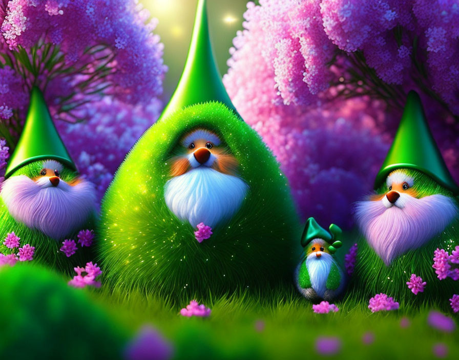 Whimsical bearded creatures in green hats in vibrant fantasy landscape