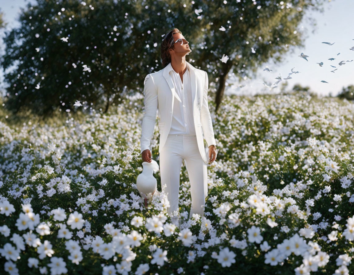 Person in White Suit Holding Swan Surrounded by Flowers and Butterflies