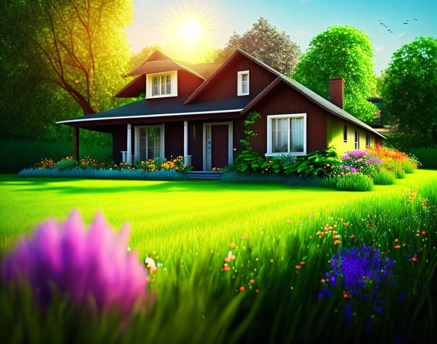 Illustration of Cozy Suburban House with Porch and Lush Gardens