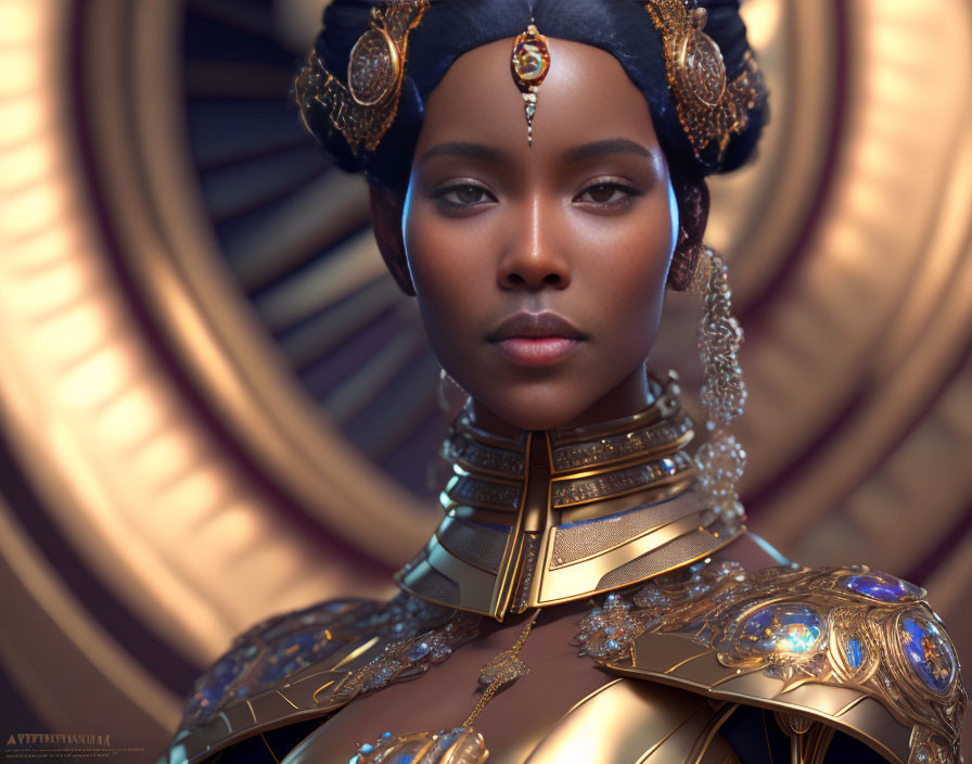 Woman portrait with striking jewelry and golden armor on geometric background