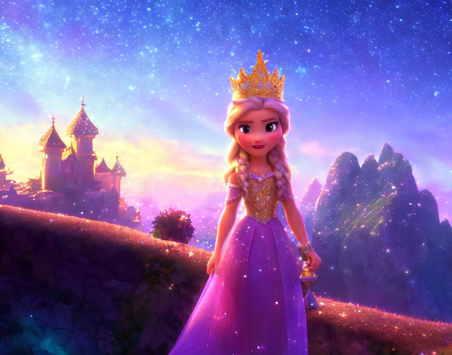 Sparkling Princess in Crown and Gown Against Twilight Sky