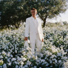 Person in White Suit Holding Swan Surrounded by Flowers and Butterflies