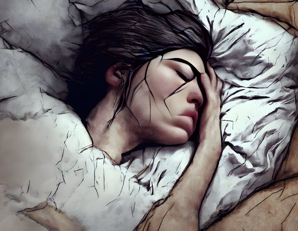 Illustration of woman sleeping peacefully on crumpled white pillow