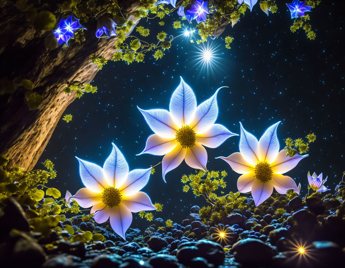 Glowing white flowers in night sky with stars and greenery