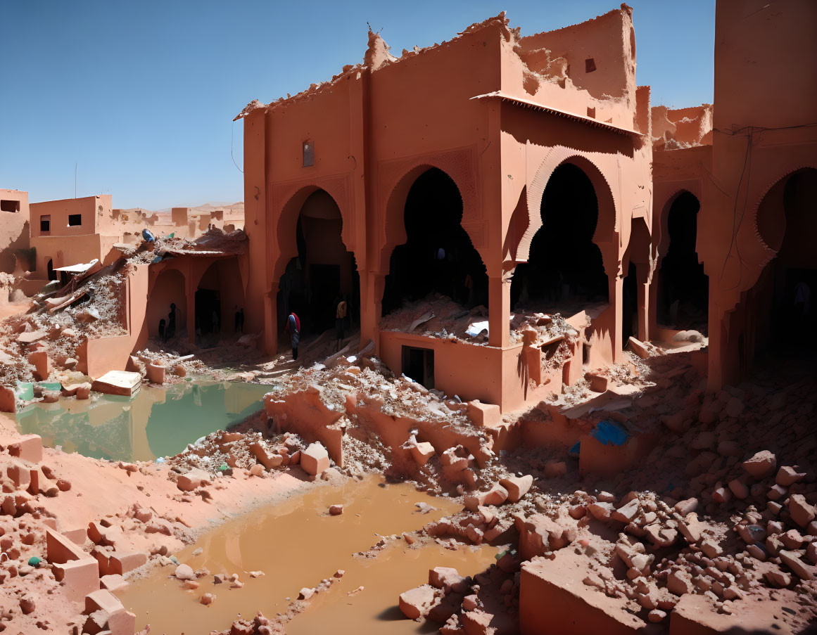 Earthen buildings in disrepair under clear blue sky