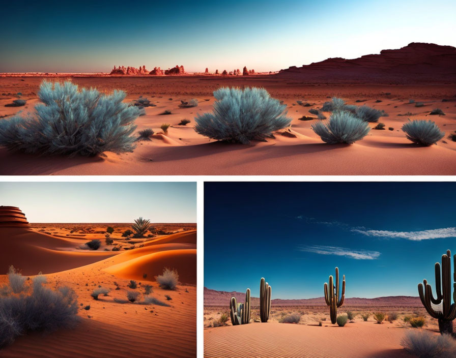 Diverse Desert Landscapes: Shrubs, Sand Dunes, Cacti at Sunset