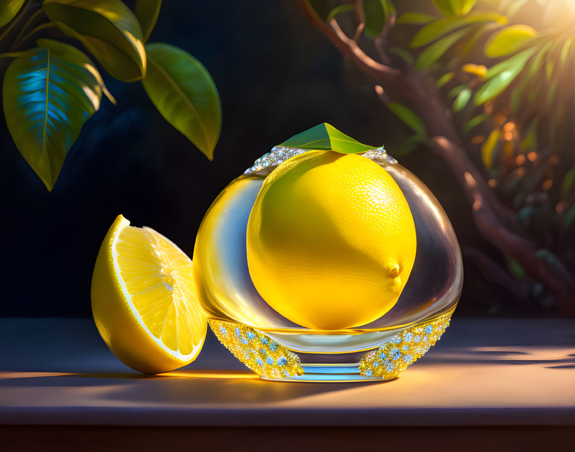 Bright lemon and ring on dark background - vibrant image