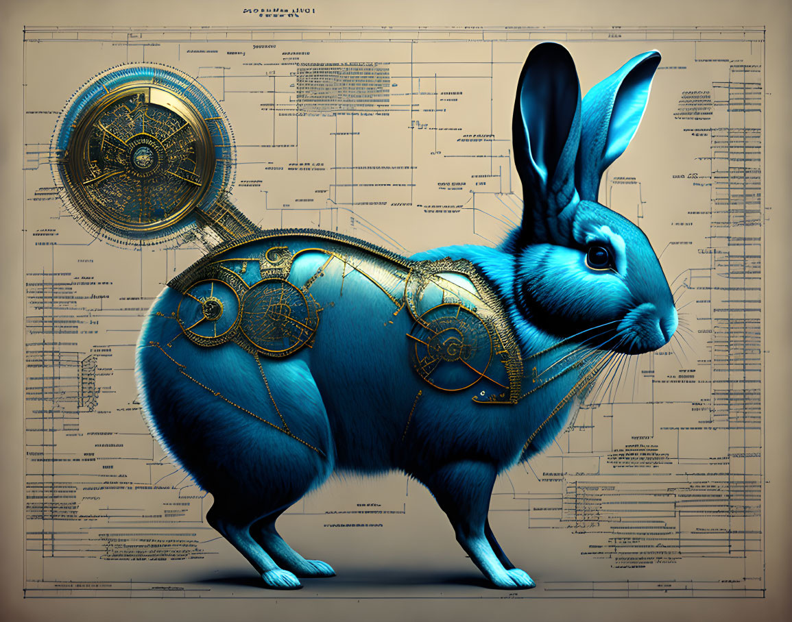 Mechanical rabbit illustration with blue and gold designs on blueprint background.