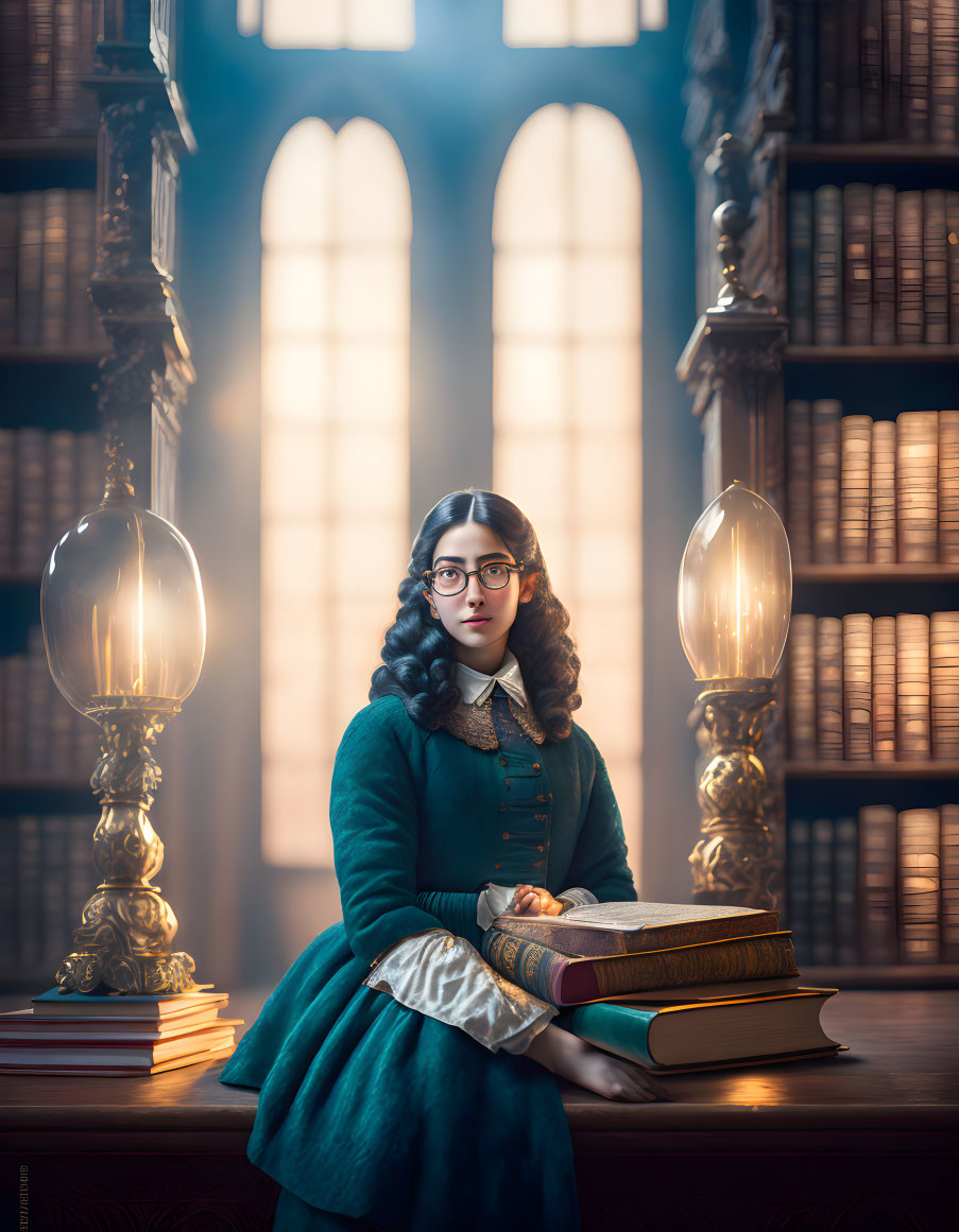 Woman in vintage green dress and glasses in grand library with books and lamps