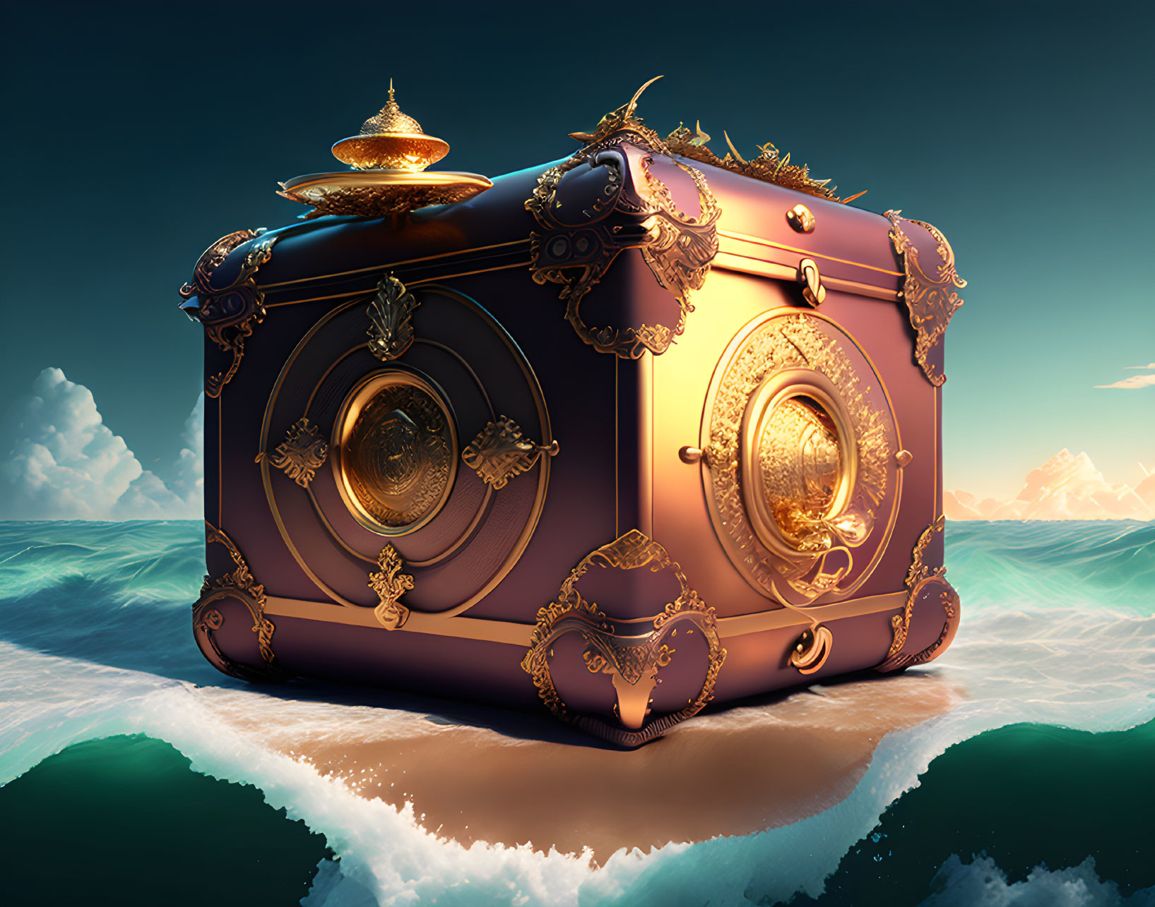 Vintage ornate camera with golden embellishments floating on ocean waves under serene sky