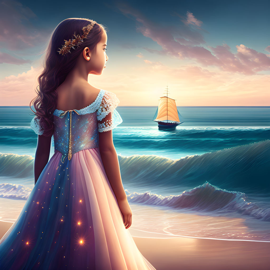 Young girl in sparkling dress admires ship on ocean at sunset