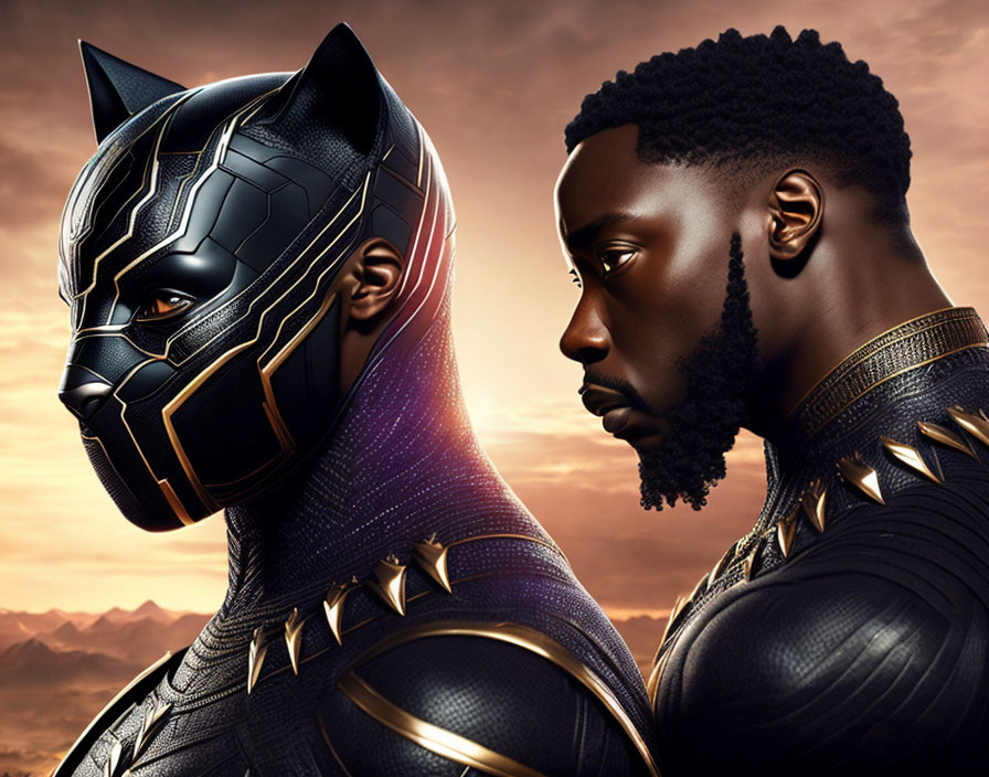 Dual Portrait of Black Panther in Costume and Unmasked Character Against Golden Sunset Backdrop with African Landscape