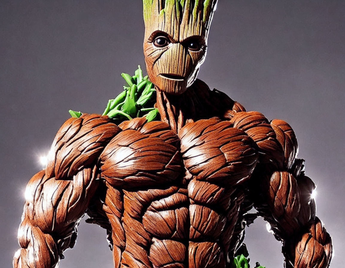 Muscular tree-like character with textured features and green foliage.