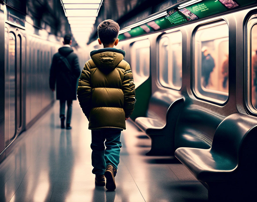 Young boy in green puffy jacket walking in subway car with silhouetted passengers.