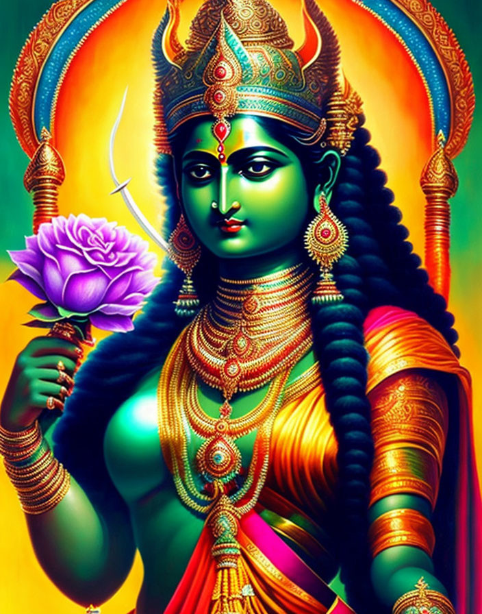 Blue-skinned female deity with multiple arms in gold jewelry and orange attire holding a lotus.