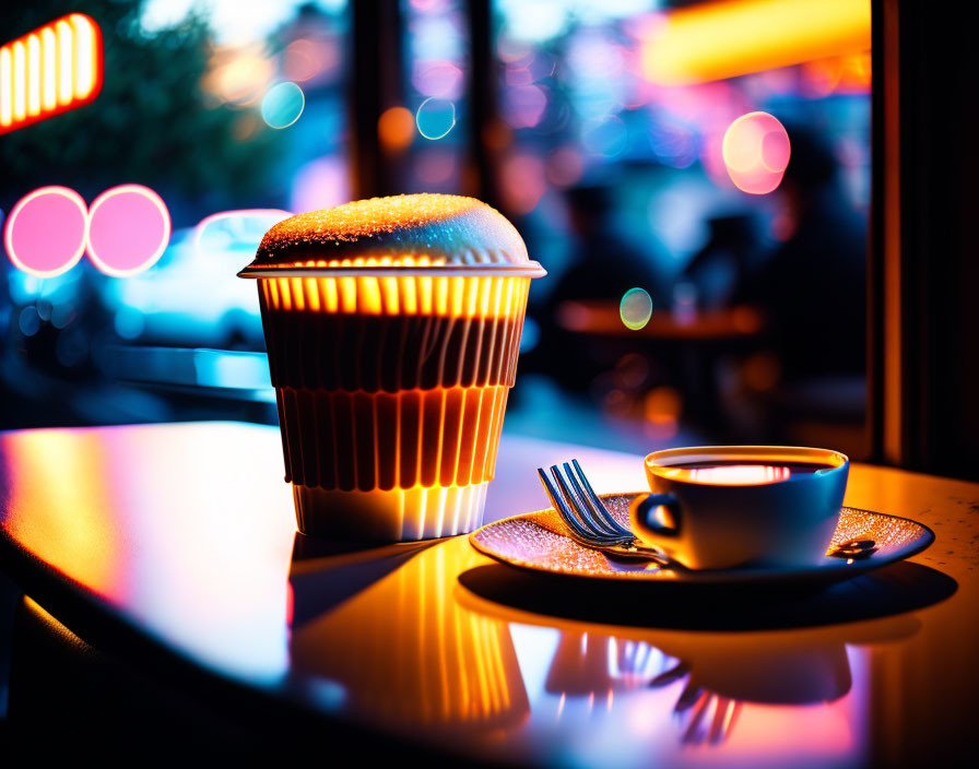 Cupcake and Coffee Cup on Café Table with Bokeh Lights