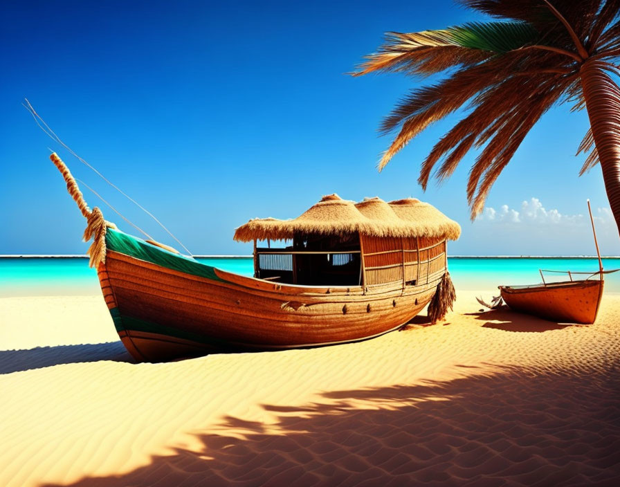 Thatched wooden boat on white sand under blue skies