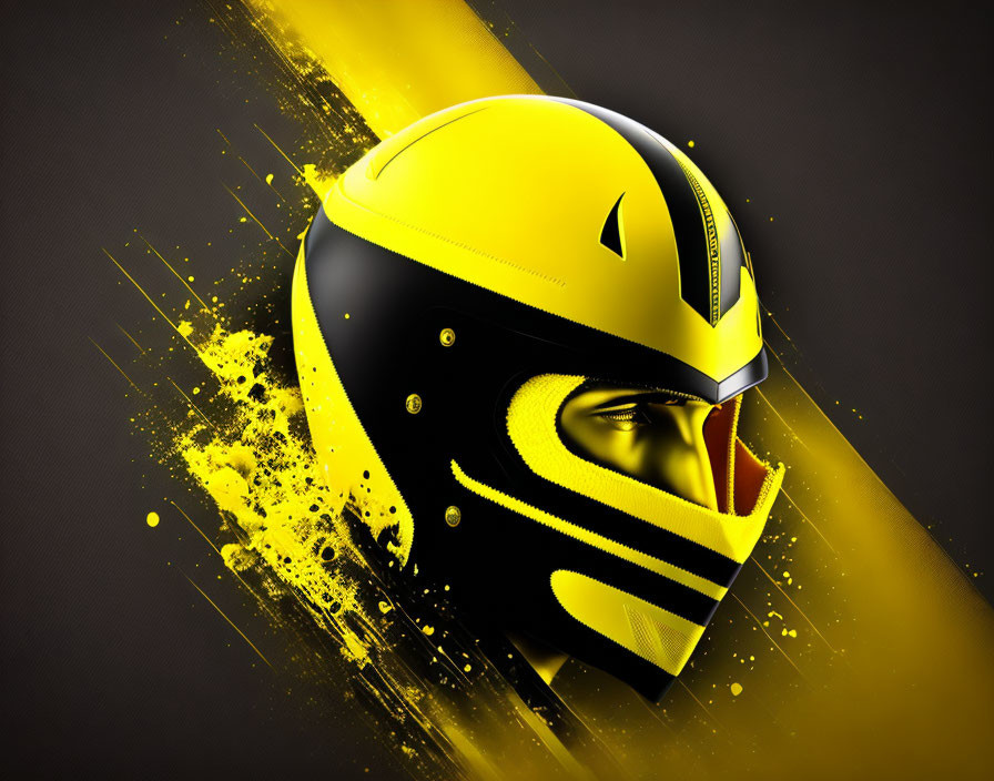 Stylized graphic of person in modern yellow and black motorcycle helmet on dark background