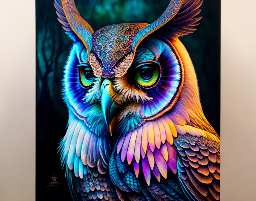 Colorful Digital Artwork of Owl with Intricate Pattern in Blues, Purples, and Or