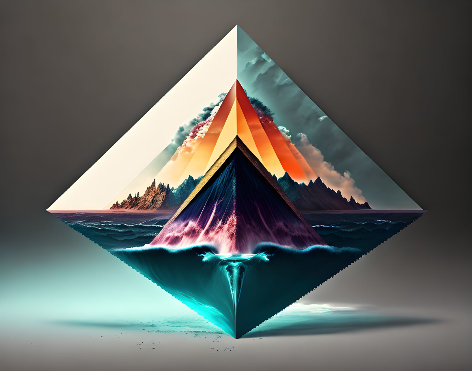 Triangular abstract art: mountain, ocean waves, clouds, colorful sky on gray.