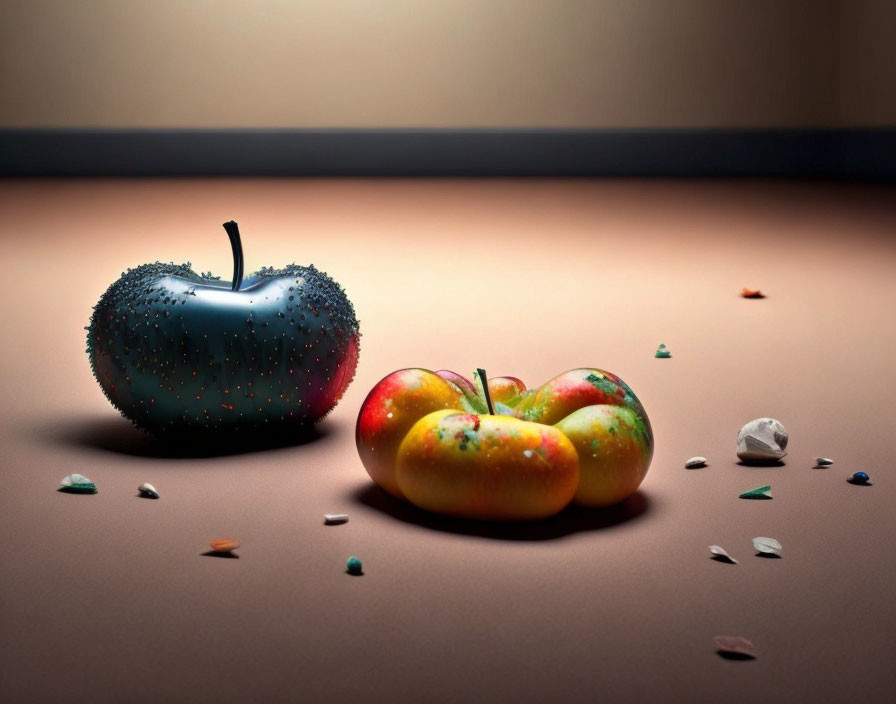 Surreal image of blue and multicolored apples on earth-toned surface