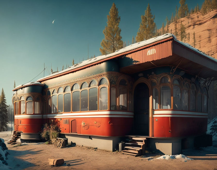 Rustic tram carriage dwelling in snowy forest with crescent moon