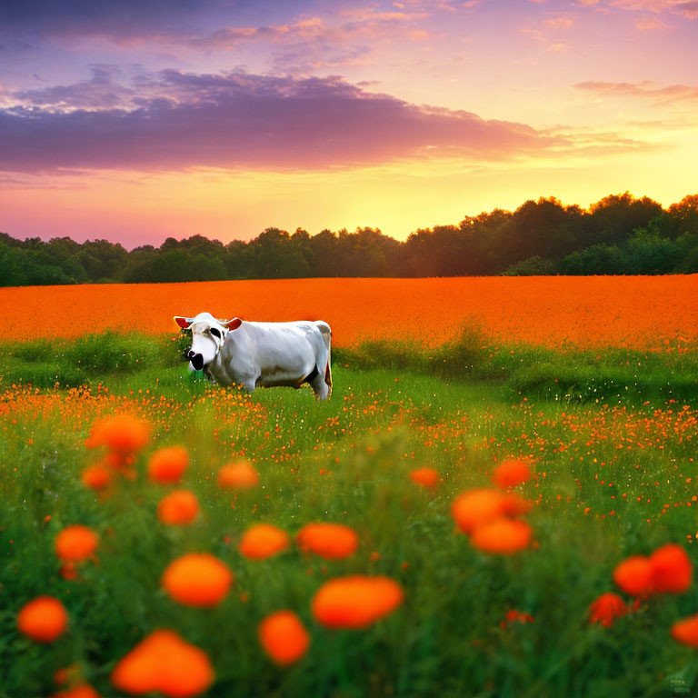 Cow in Vibrant Field of Orange Poppies at Sunset