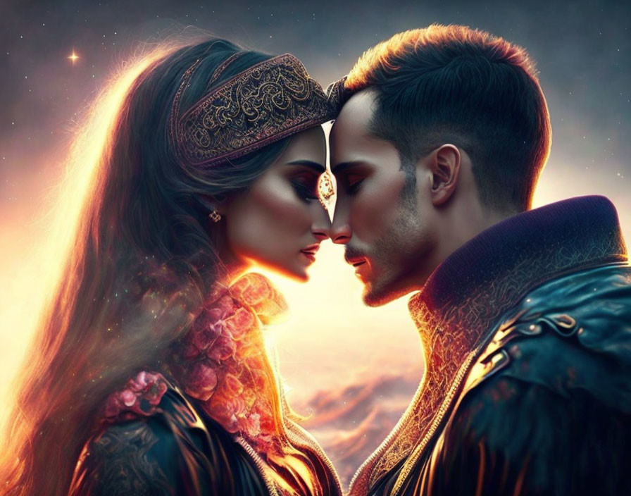 Fantasy-style digital artwork of man and woman in elaborate costumes with celestial backdrop