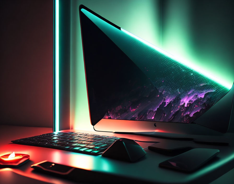 Sleek monitor, backlit keyboard, smartphone in vibrant neon lighting