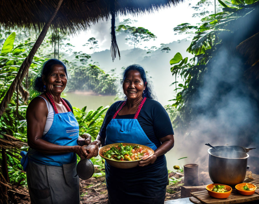 Two women in aprons smiling with bowl of food and lush greenery.