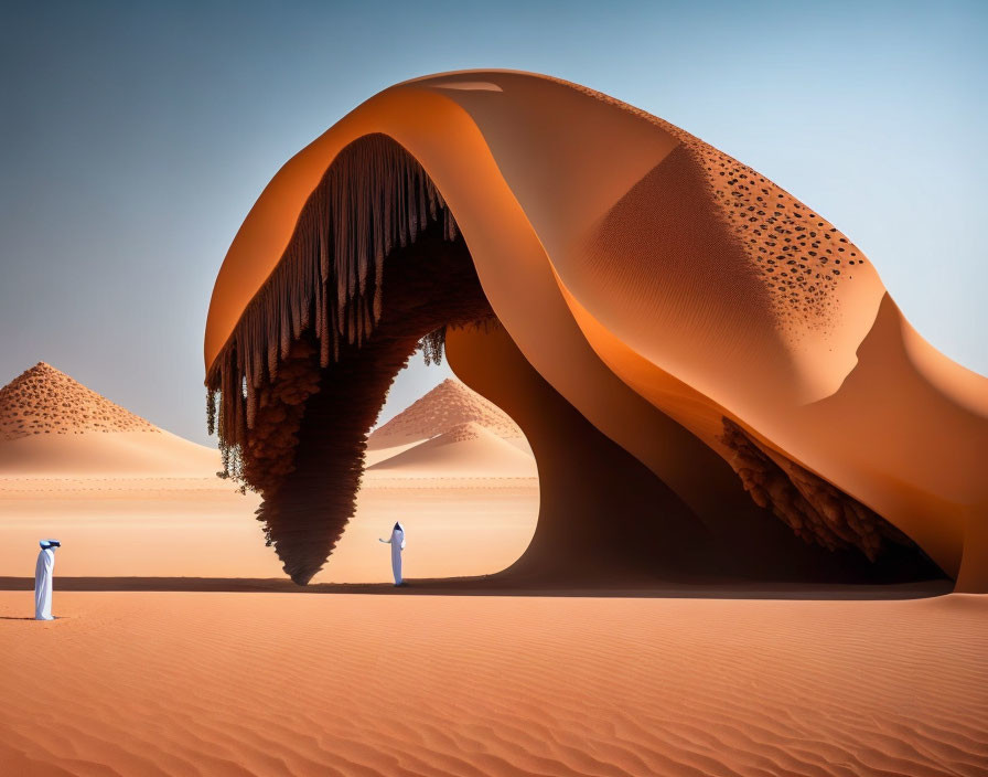 Traditional attire couple admiring carved sand dune in desert