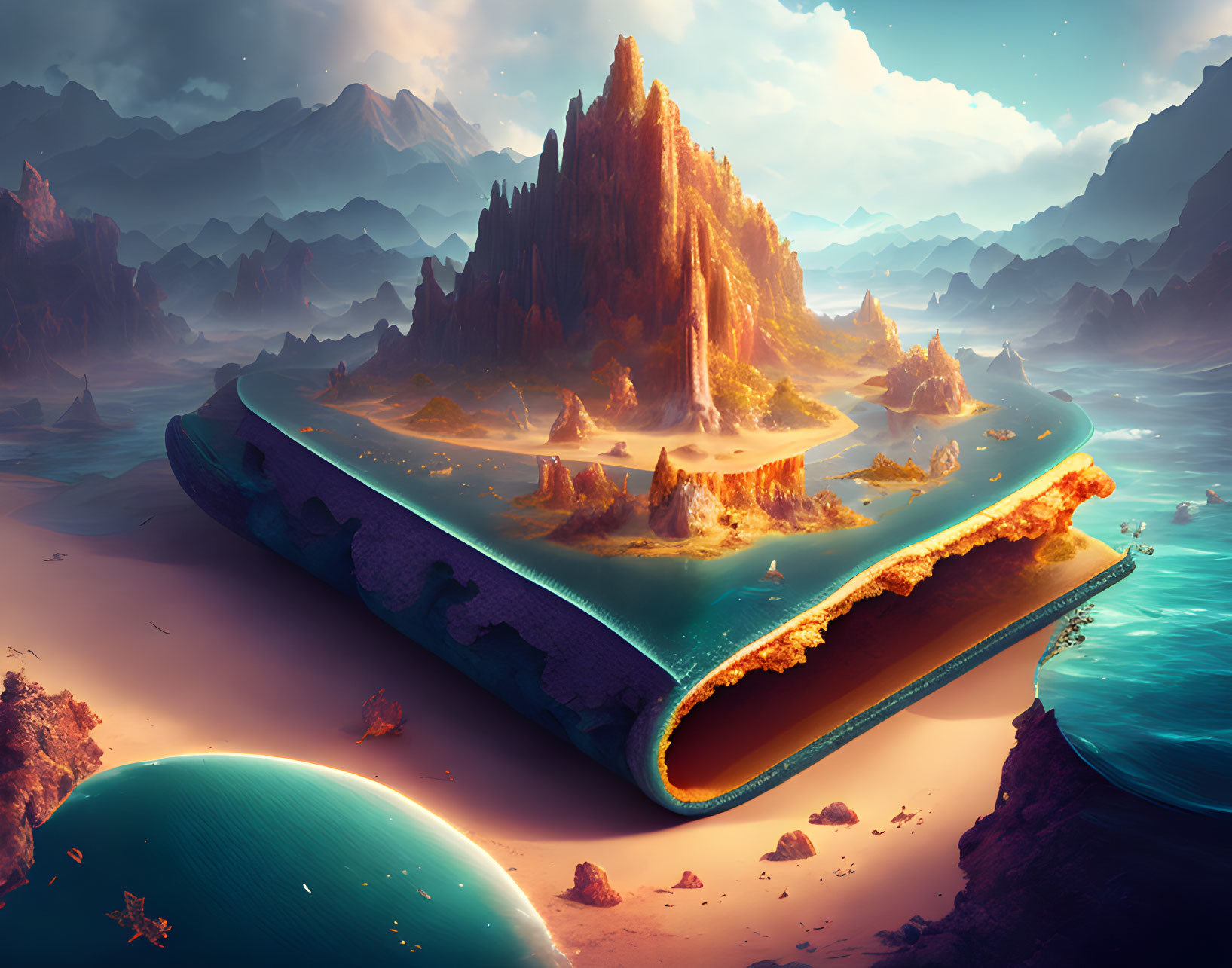 Fantastical landscape with giant open book creating landmasses.