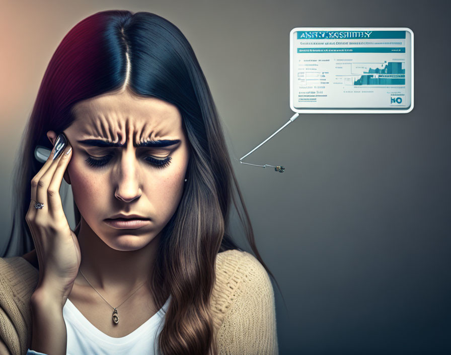 Young woman stressed by financial graph in thought bubble