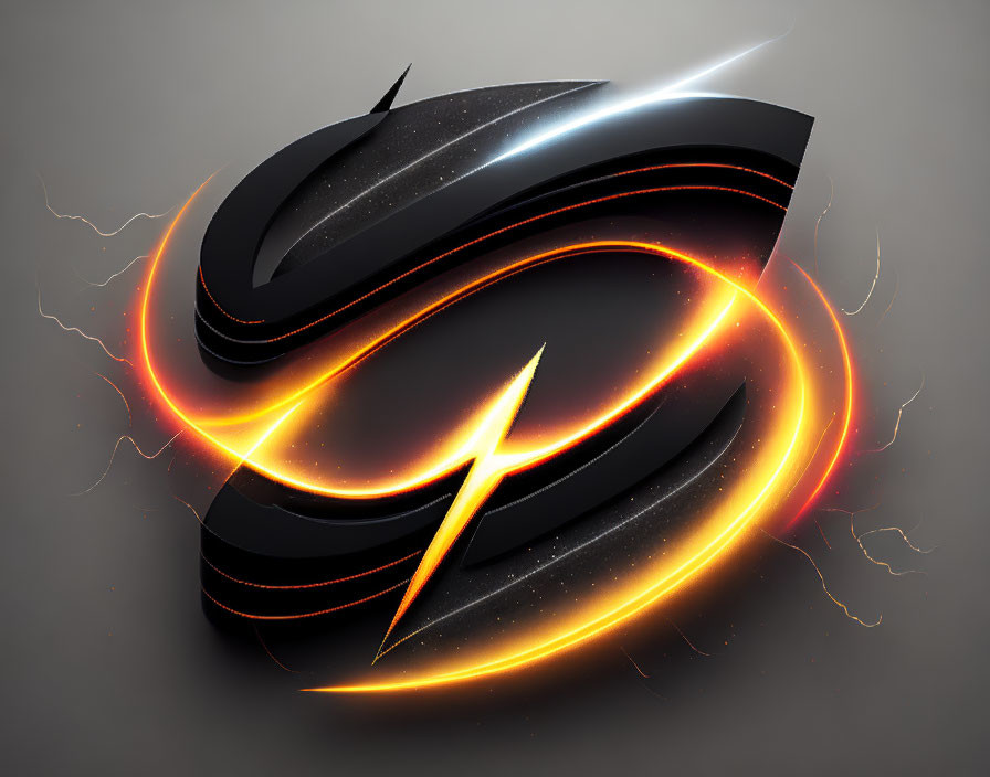 Stylized orange and red lightning bolt symbol with swirling dark elements on gray background.