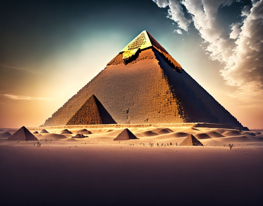 Tall Great Pyramid of Giza with smaller pyramids in desert sunlight