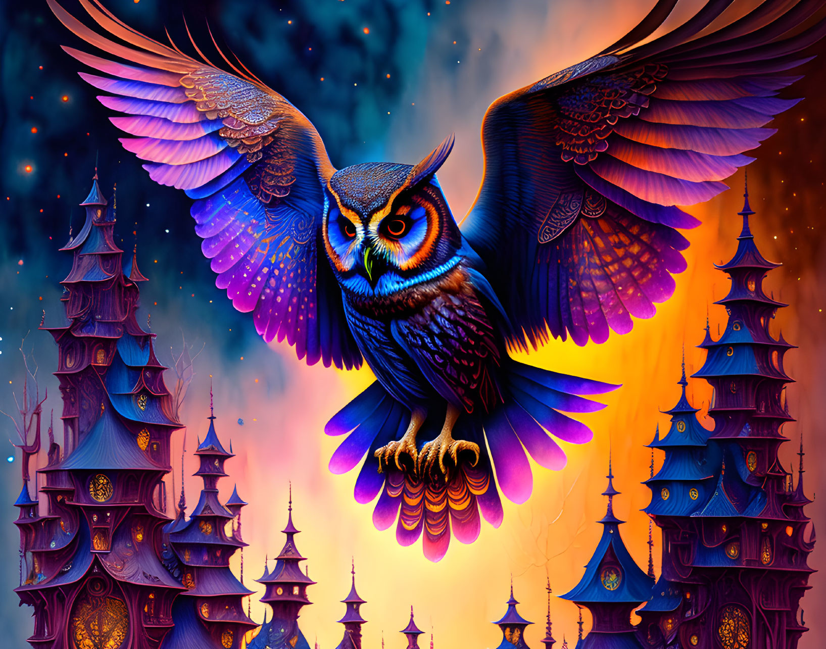 Colorful owl in flight against twilight sky with whimsical towers