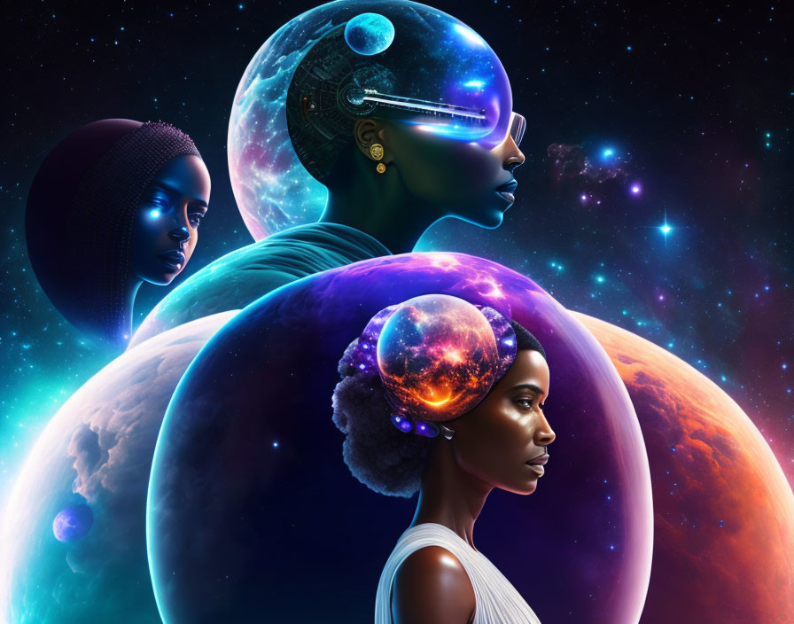 Digital Art: Three Women Profiles with Afro Hair on Cosmic Background