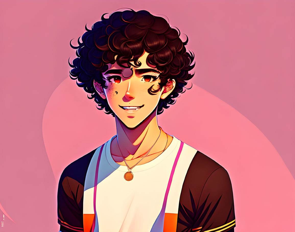 Curly Haired Person with Freckles Smiling in Striped Jersey Pendant on Pink Background