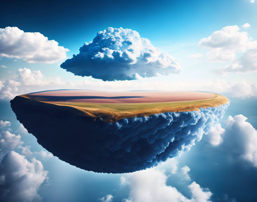 Floating island with grass and desert terrain under vibrant blue sky